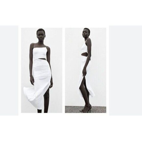 Zara Womens Midi Dress S White Asymmetric Fitted Cutout Sleeveless 3641/808 NWT - Picture 1 of 6